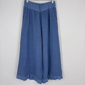 Puro Lino Linen Eyelet Ruffle Hem Wide Leg Pants Women OS Blue Made Italy Boho